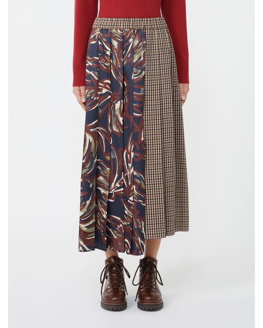 Weekend by Maxmara Brown Houndstooth Wool Pleated Skirt