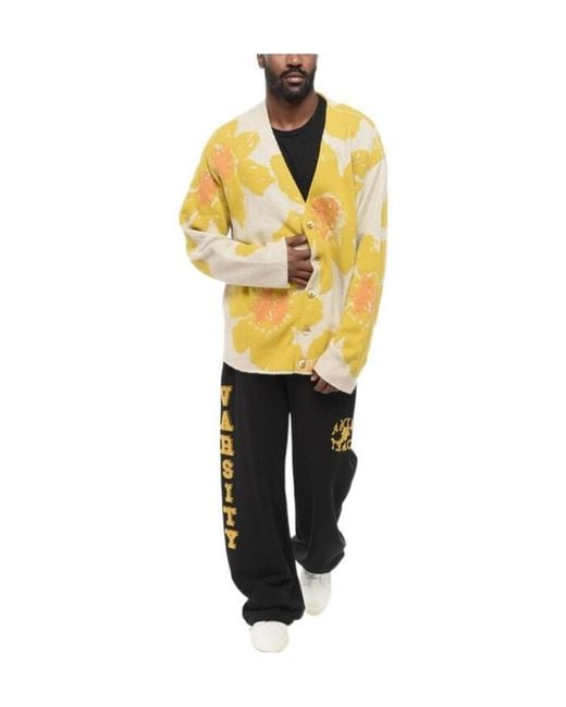 The Elder Statesman Yellow Floating Florals Cashmere Cardigan