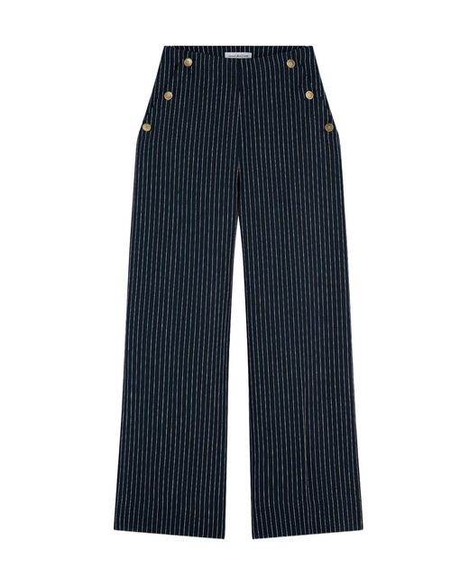 Tommy Hilfiger Blue Pinstripe-Tone Button Wide Leg Trousers With Linen