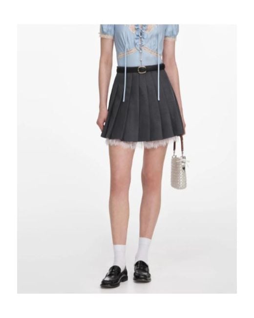 Self-Portrait Blue Pleated Lace-Trim Skirt