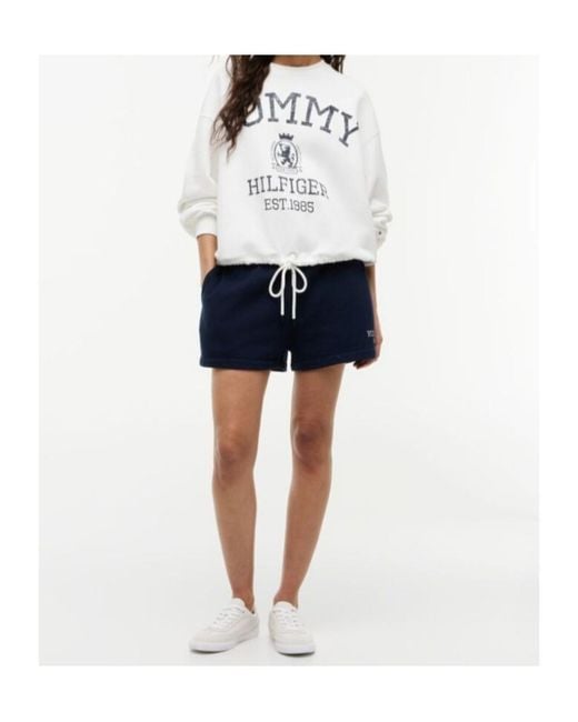 Tommy Hilfiger White Crest Logo-Print Drawstring-Hem Sweater