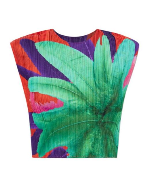 Pleats Please Issey Miyake Green Pleated Floral-Print Top