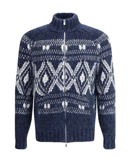 Brunello Cucinelli Blue High Neck Zip-Up Cardigan for men