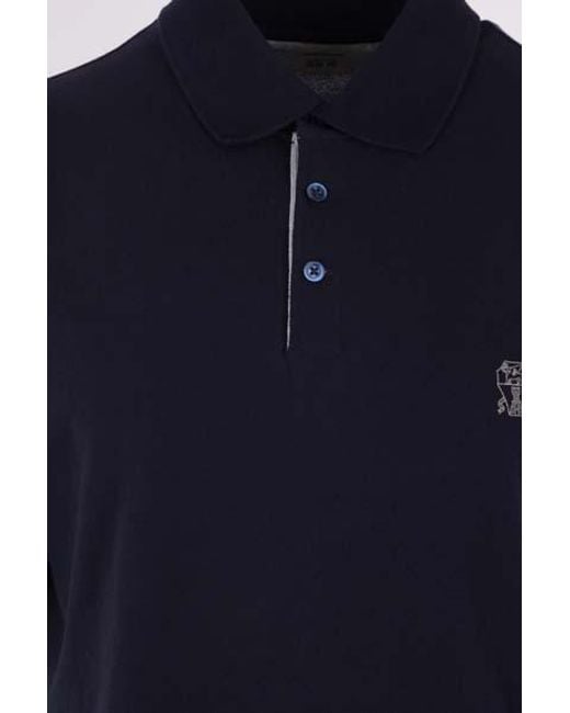 Brunello Cucinelli Blue Embroidered Cotton Polo Shirt for men