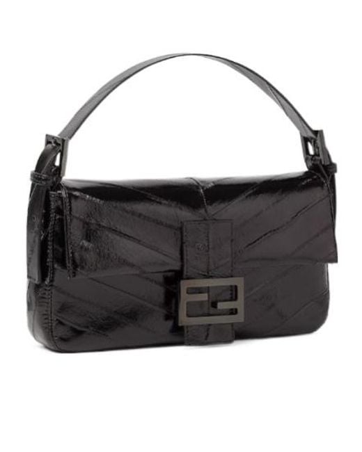 Fendi Black Baguette 26424 Inlaid Hagfish Leather Bag