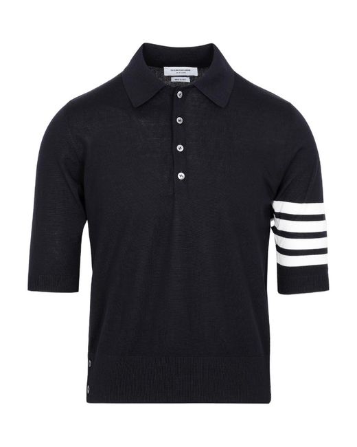 Thom Browne Blue Four-Stripe Wool Short-Sleeved Polo Shirt for men