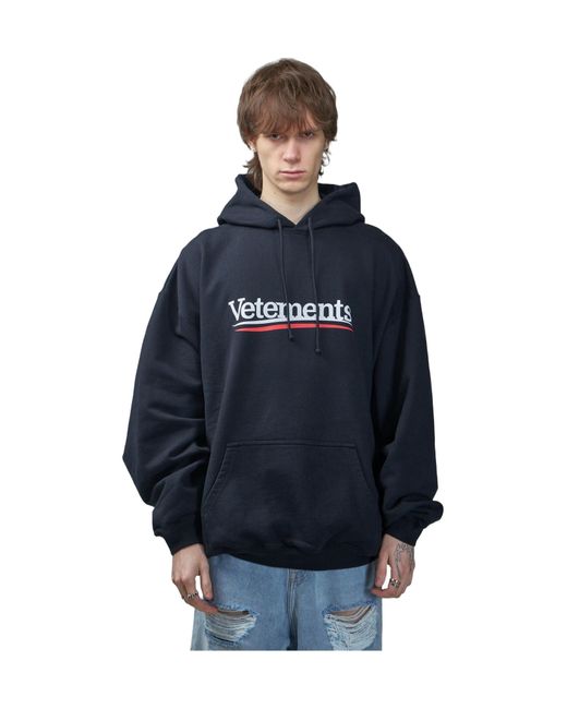 Vetements Blue Logo Printed Drawstring Hoodie for men