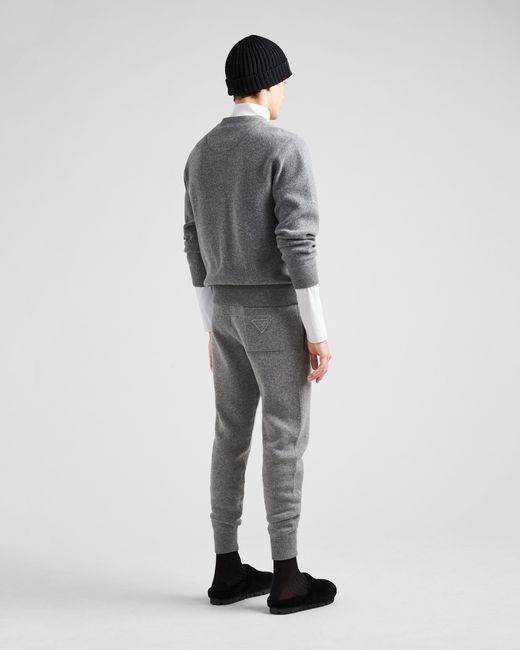 Prada Gray Logo Patch Knitted Track Pants for men