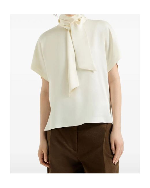 Brunello Cucinelli White Scarf Detailed Short Sleeved Blouse