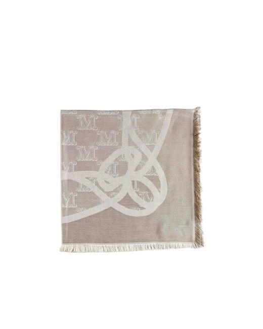 Max Mara Gray All-Over Logo Patterned Fringed Edge Scarf