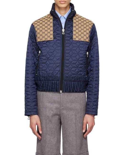 Gucci Blue Quilted Gg-Detail Jacket for men