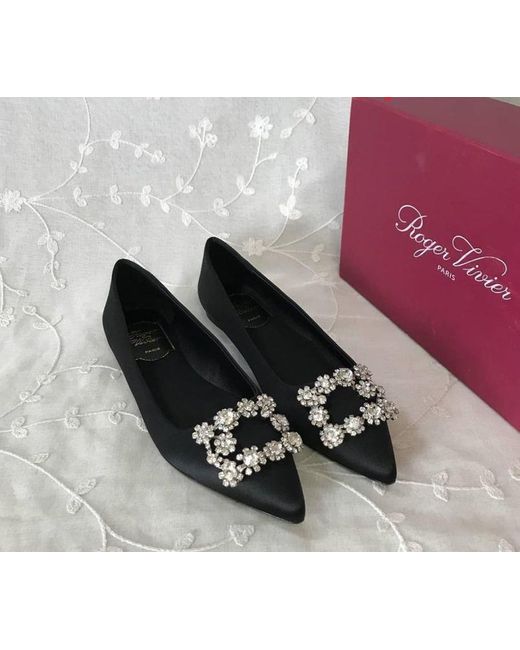 Roger Vivier Black Flower Strass Button Ballet Shoes