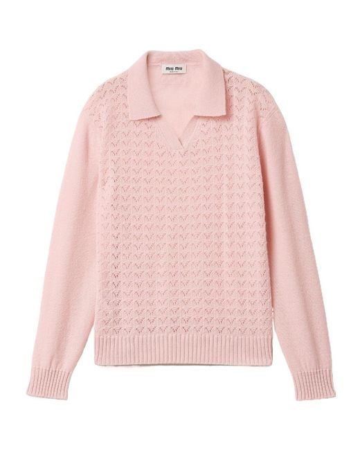 Miu Miu Pink Open-Knit Polo Sweater