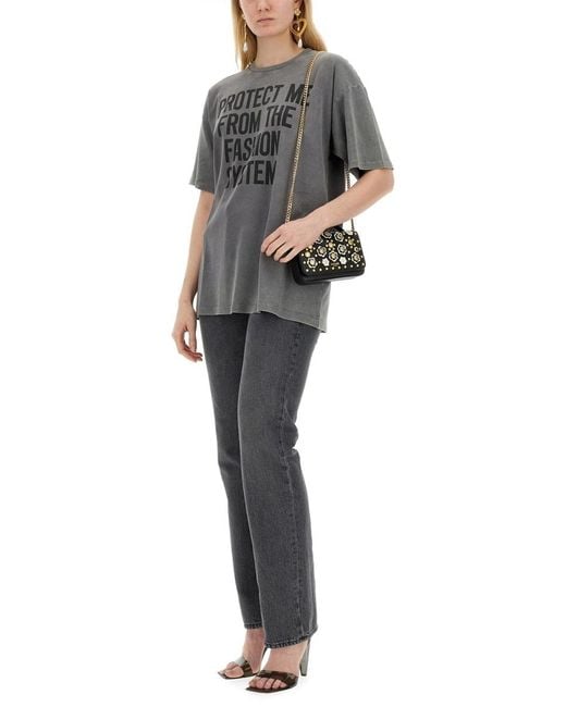 Moschino Gray Slogan-Printed Crewneck T-Shirt