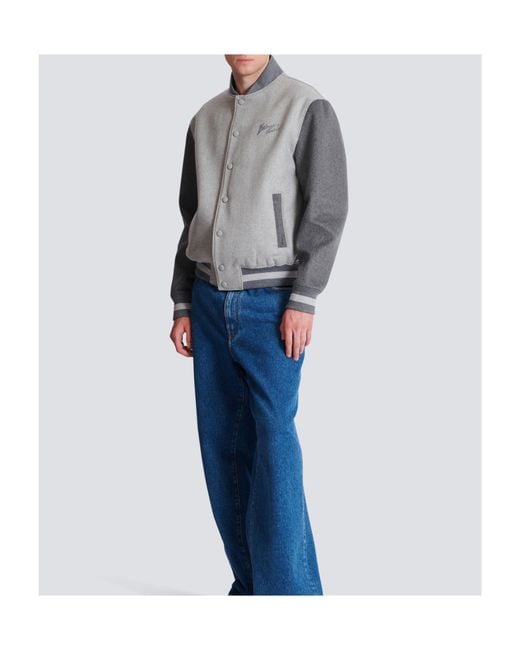 Balmain Gray Logo Embroidered Varsity Jacket for men