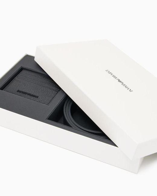 Emporio Armani White Logo Engraved Belt And Cardholder Set for men