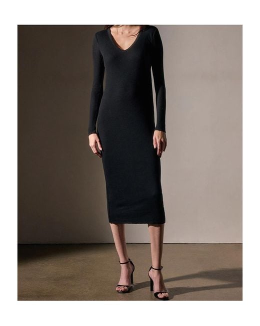 James Perse Black Ribbed V-Neck Knitted Dress