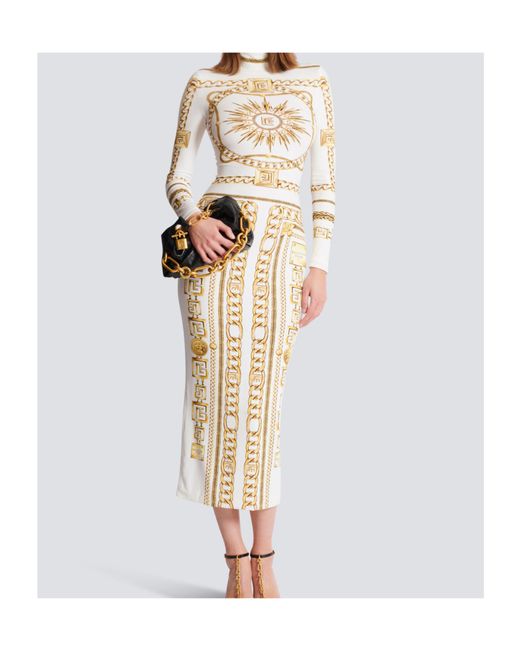 Balmain White Long Printed Bodycon Dress With Foulard Pattern