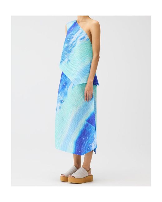 Pleats Please Issey Miyake Blue Pleated One-Shoulder Top