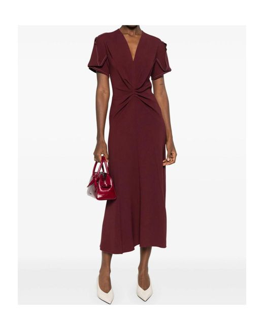 Victoria Beckham Red V-Neck Twist Detailed Midi Dress