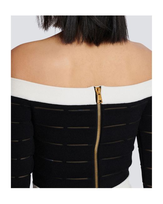 Balmain Black Off-The-Shoulder Crop Top