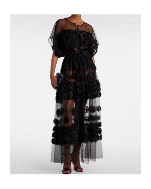 Norma Kamali Black Floral-Appliqué Tulle Midi Dress