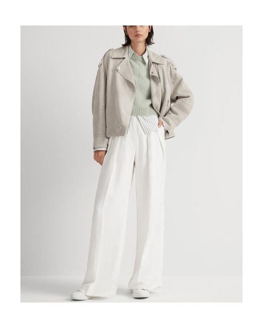 Brunello Cucinelli White High-Waisted Wide Leg Trousers