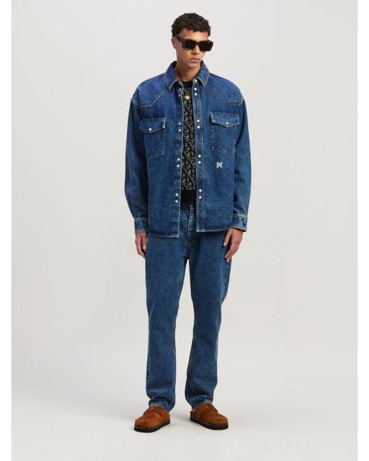Palm Angels Blue Logo-Embroidered Drop Shoulder Denim Shirt for men