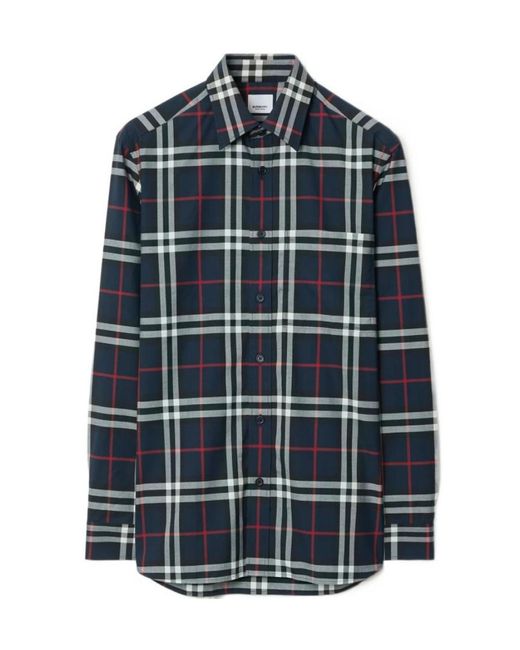 Burberry Blue Check-Pattern Long Sleeved Shirt for men
