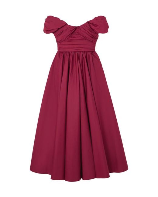 Giambattista Valli Purple Off-The-Shoulder Pleated Pure Cotton Poplin Mid-Length Dress