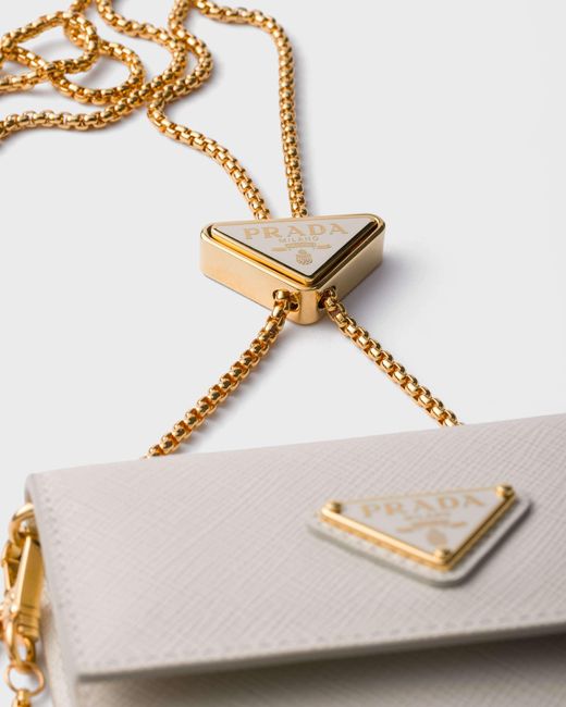 Prada White Saffiano Leather Card Holder With Shoulder Strap