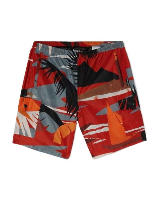 Palm Angels Red Hawaii-Print Swim Shorts for men
