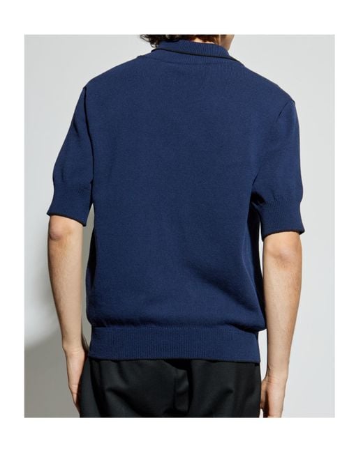 Balmain Blue Écusson Embroidered Knit Polo Shirt for men