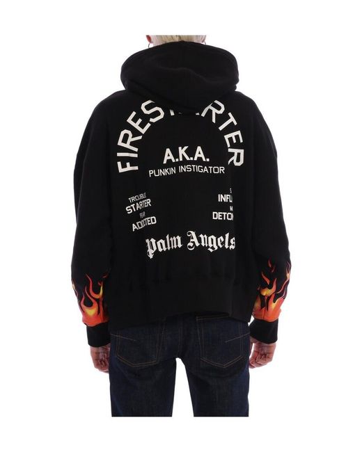 Palm Angels Black Flame Pattern Hooded Sweater for men