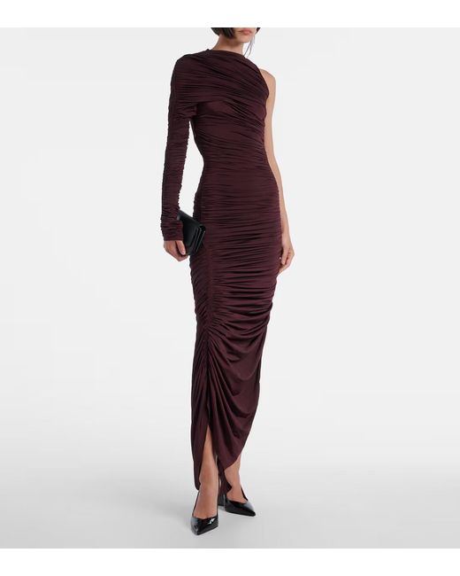 Mugler Purple Pleated Off-Shoulder Mid-Length Dress