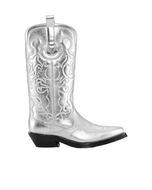 Ganni White Mid Shaft Embroidered Western Boots
