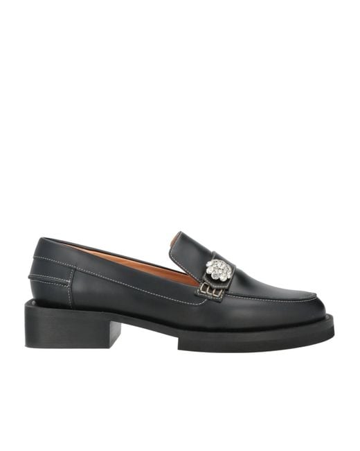Ganni Black Small-Size Rhinestone Solid Color Leather Loafers