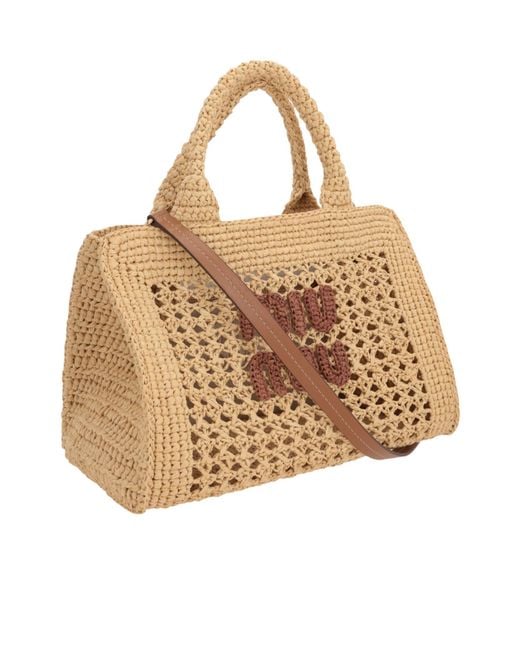 Miu Miu Natural Raffia-Effect Woven Handbag
