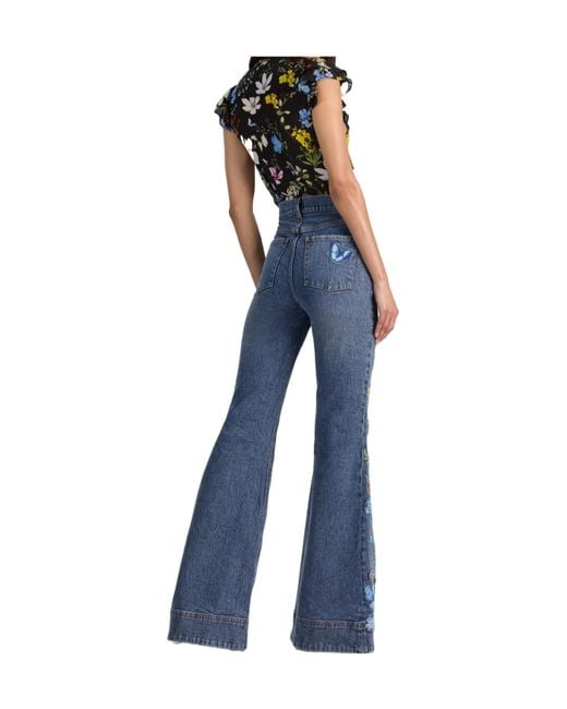 Alice + Olivia Blue Embroidered Butterfly-Motif Jeans
