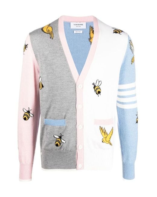 Thom Browne Blue Birds And Bees-Print Knitted Cardigan for men