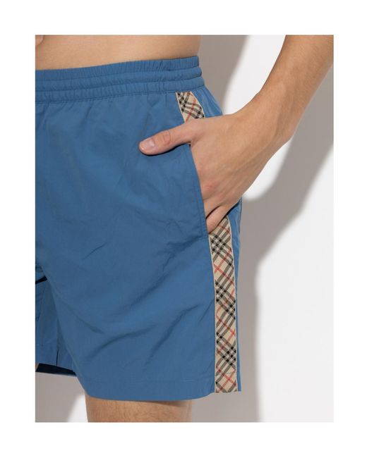 Burberry Blue Checked Trim Swim Shorts for men