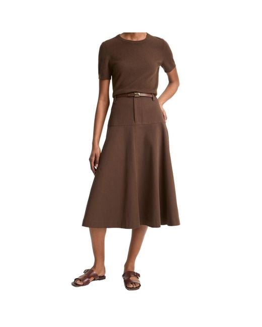 Vince Brown Belted A-Line Midi Skirt