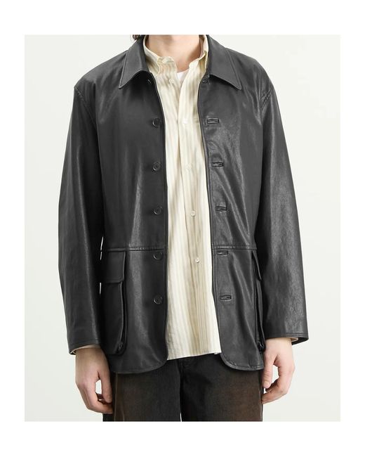 Auralee Gray Buttoned Leather Jacket for men