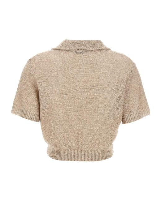 Brunello Cucinelli Natural Sequin Embellished Cropped Polo Shirt