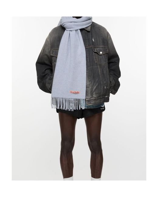 Acne White Logo-Tag Fringed Wool Scarf for men