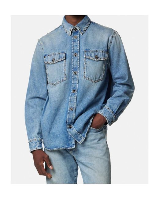 Versace Blue Embellished Denim Overshirt for men