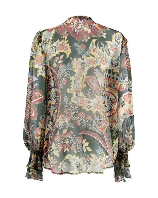 Etro Green Floral-Printed Ruffled Shirt