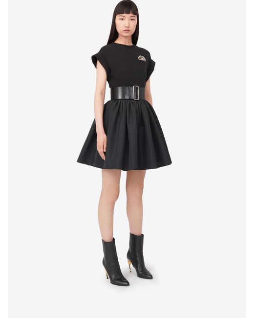 McQueen Black Seal-Logo Panelled Crewneck Mini Dress