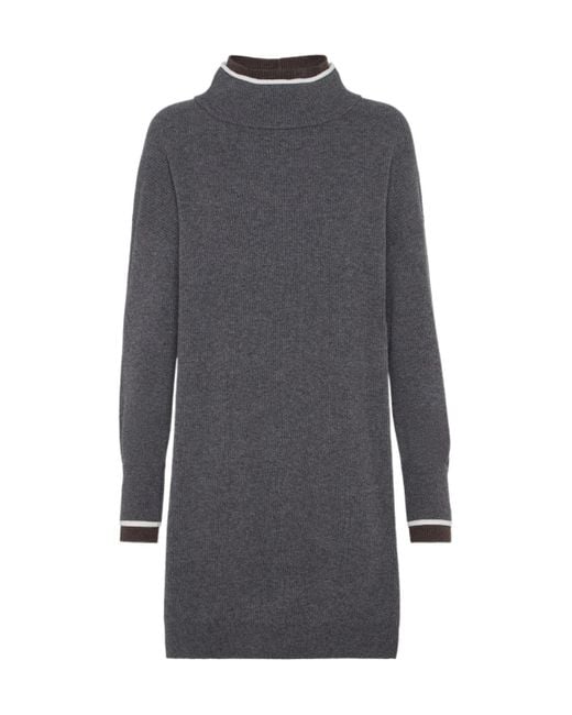 Brunello Cucinelli Gray High Neck Ribbed Mini Dress