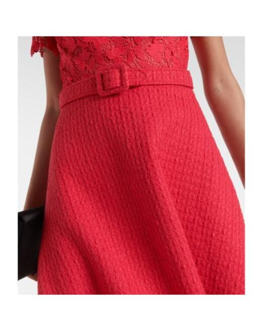 Oscar de la Renta Red Gardenia Guipure And Tweed Midi Dress